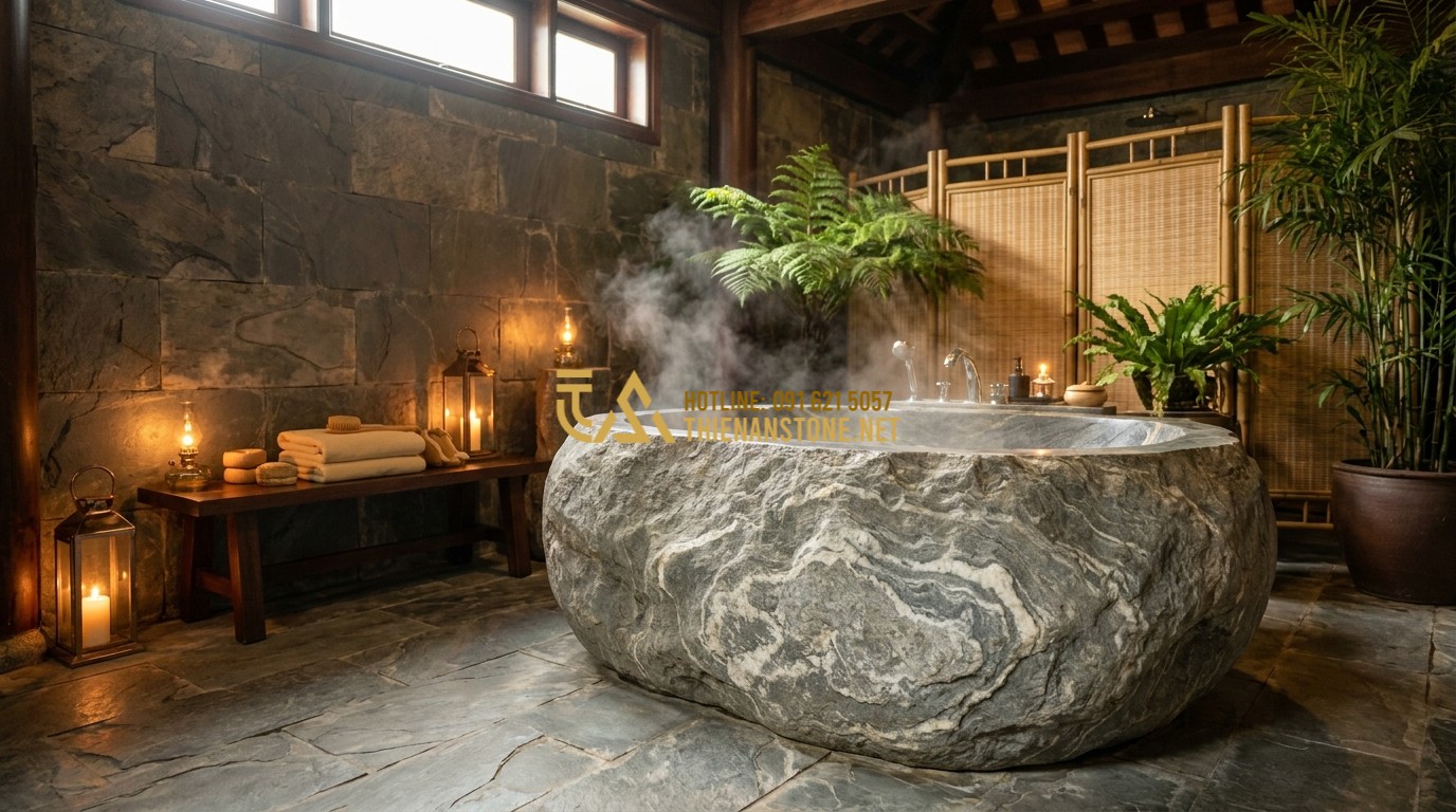 Tạo ảnh tiếng Anh: A luxury spa interior project featuring a natural stone bathtub carved from a grey boulder. Warm steam rises from the water, soft candlelight, and slate stone walls create a serene and meditative atmosphere. High-end interior design, wellness sanctuary concept.