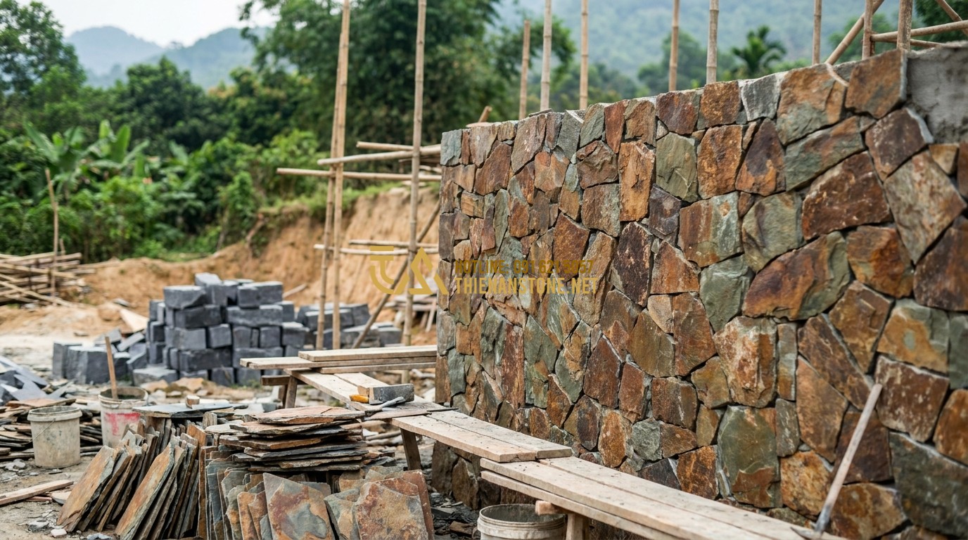 Tạo ảnh tiếng Anh: A team of professional engineers and designers from Thien An Stone standing at a construction site, looking at blueprints and pointing to a stone wall. They are wearing safety gear. The atmosphere is professional and collaborative. Background shows stone blocks and scaffolding.