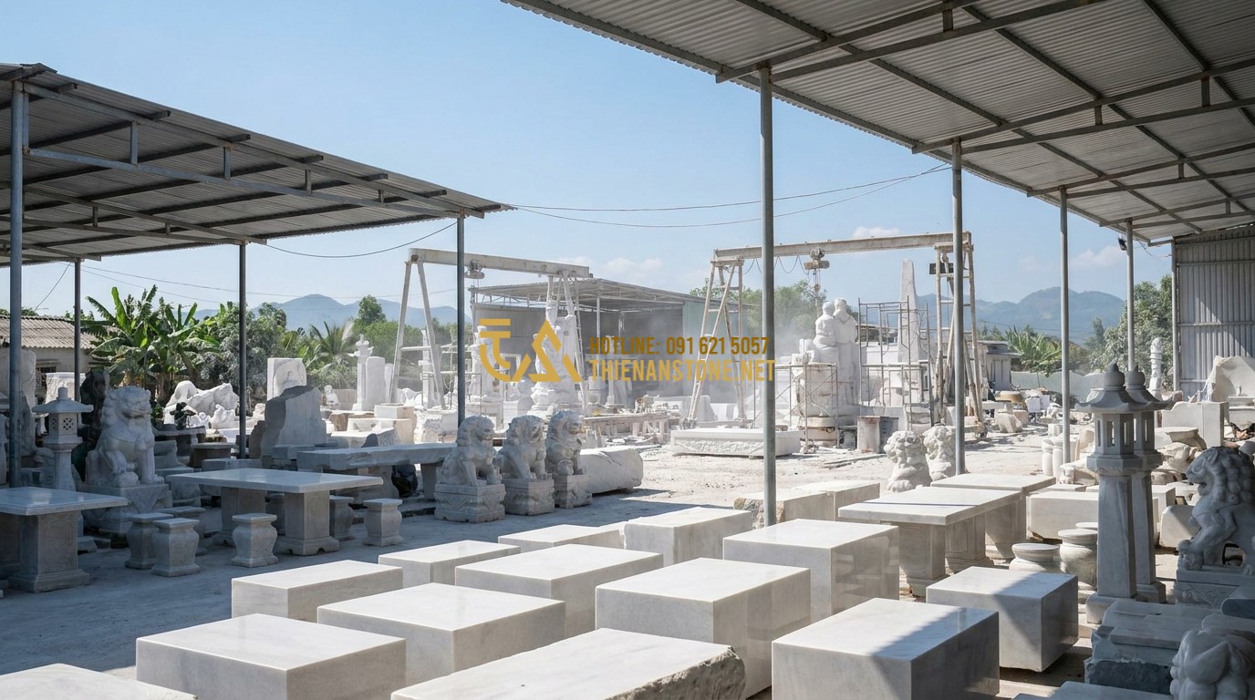 Tạo ảnh tiếng Anh: A wide panoramic shot of the Thien An Stone workshop (Xưởng Đá Mỹ Nghệ Thiên An) showing various large scale projects in progress. Finished stone blocks, tables, and statues are neatly organized. Bright daylight, active industrial environment, showing scale and professionalism.