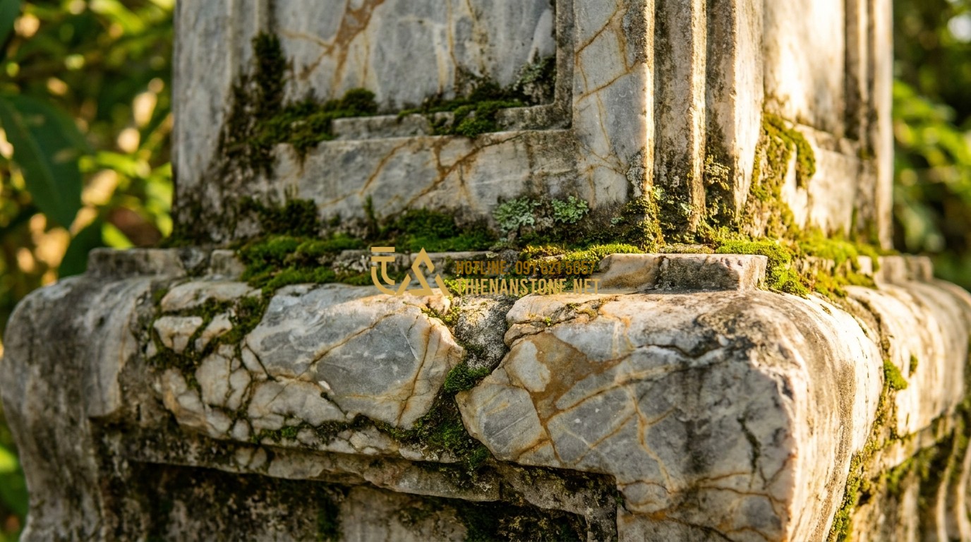 Tạo ảnh tiếng Anh: A close-up of a stone structure in a project that has aged beautifully over a decade. Small moss grows in the crevices, but the stone is still solid and elegant. Sunlight highlights the rich mineral patterns. Symbolic of longevity and timeless beauty.