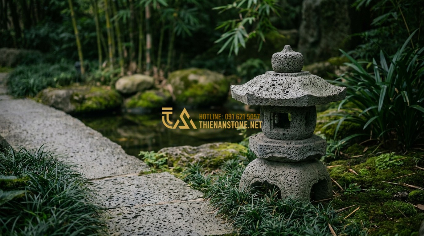 Tạo ảnh tiếng Anh: A conceptual image representing Feng Shui balance in a project. A perfectly placed natural stone lantern beside a stone path, with water and bamboo in the background. Harmonious composition, peaceful and spiritual energy, soft lighting.