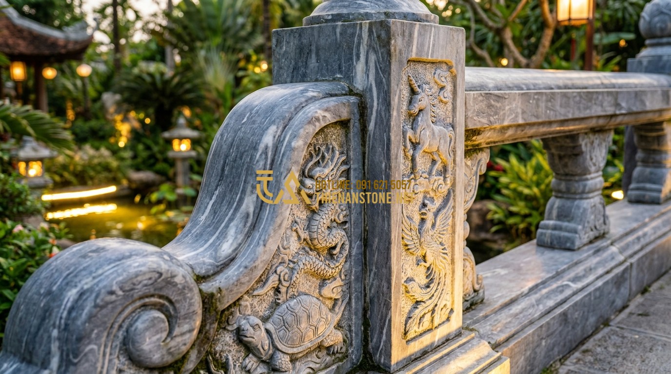 Tạo ảnh tiếng Anh: Close-up of a stone balustrade in a luxury garden, featuring detailed carvings of the Four Sacred Animals (Dragon, Unicorn, Tortoise, Phoenix). The stone has a weathered yet polished grey texture. Professional garden lighting at sunset, artistic and serene ambiance.