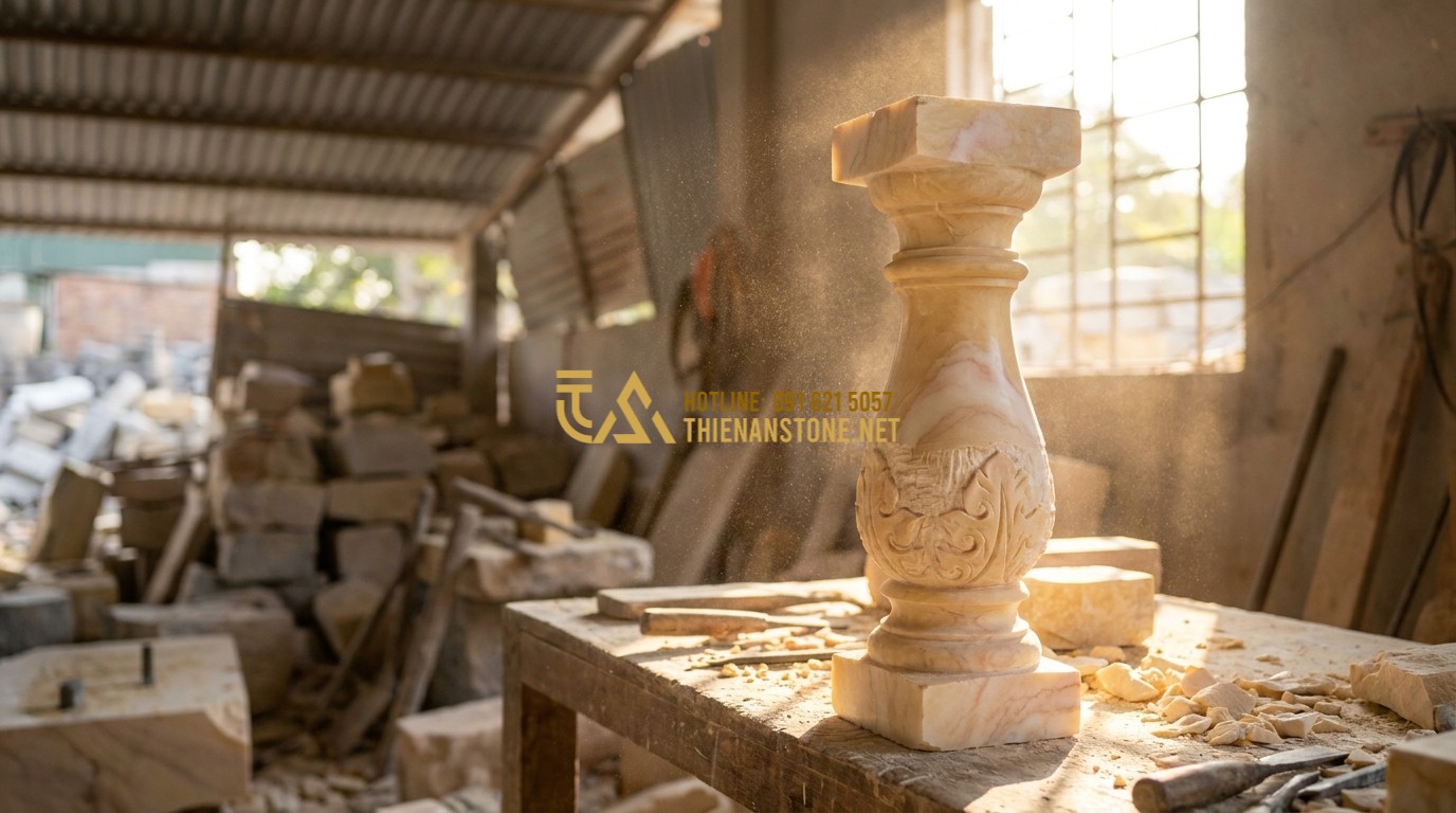 Tạo ảnh tiếng Anh: A skilled Vietnamese artisan hand-chiseling a stone baluster at the Thien An workshop in Phu Tho. Dust particles are flying in the golden afternoon sun, highlighting his intense focus and the intricate details of the stone pattern. Authentic craftsmanship atmosphere.