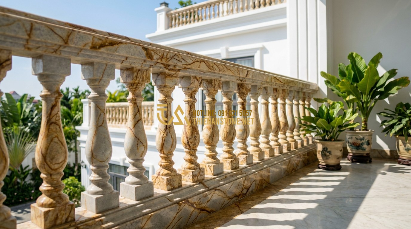 Tạo ảnh tiếng Anh: An elegant balcony of a white marble mansion featuring stone balusters (con tien). The design is clean and classical, with bright sunlight and blue sky in the background. The stones look smooth and high-quality. Luxury home lifestyle photography.
