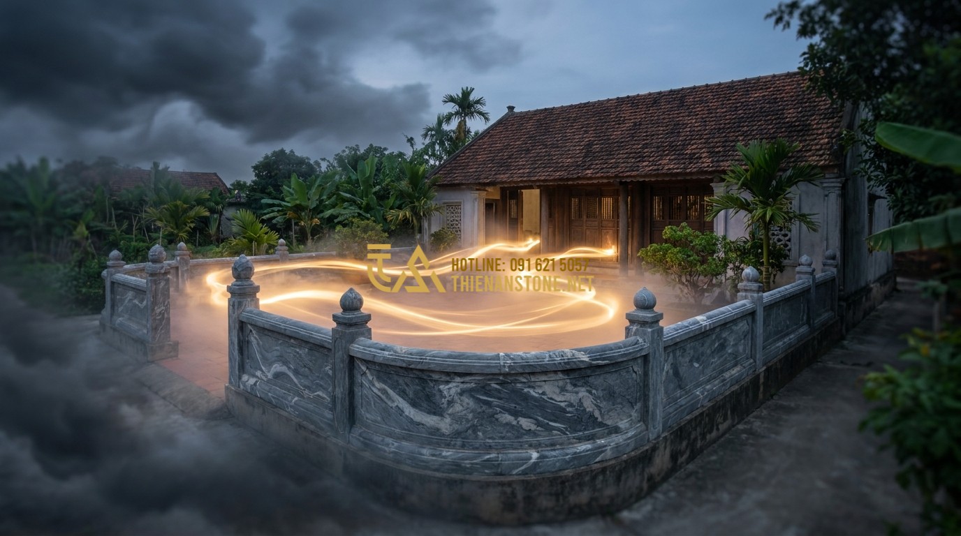 Tạo ảnh tiếng Anh: A symbolic illustration of energy flow around a house protected by a stone balustrade. The image shows glowing positive energy (Qi) circulating within the stone boundaries, while dark clouds stay outside. Warm and spiritual artistic style.