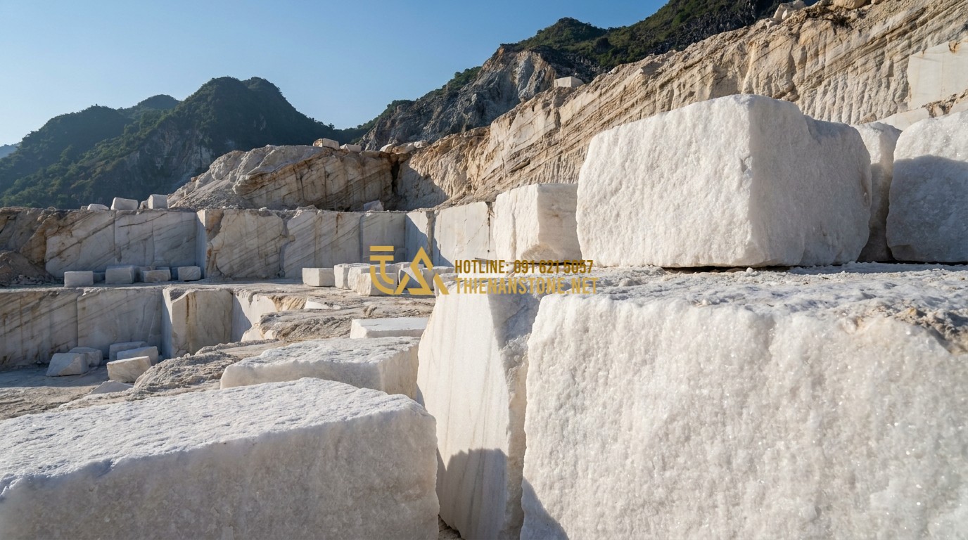 Tạo ảnh tiếng Anh: A high-quality professional photograph of a natural stone quarry in a mountain region, showing massive raw blocks of granite and marble under a clear sky. Sunlight highlights the textures and geological layers of the earth. Cinematic lighting, 8k resolution.