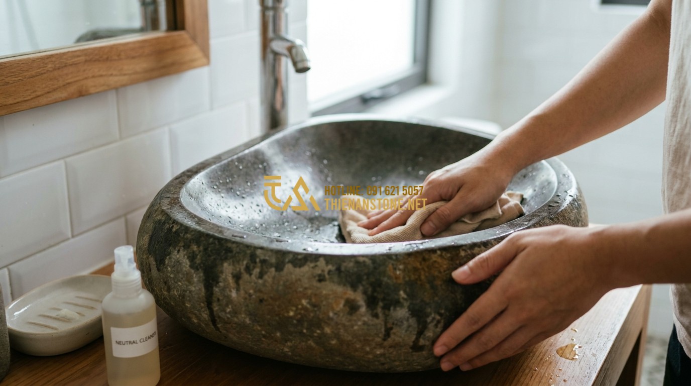 Tạo ảnh tiếng Anh: A person gently cleaning a stone lavabo with a soft cloth and a neutral cleaner. The stone surface glitters under the lights, showing the care and longevity of the material. Bright and clean bathroom environment.