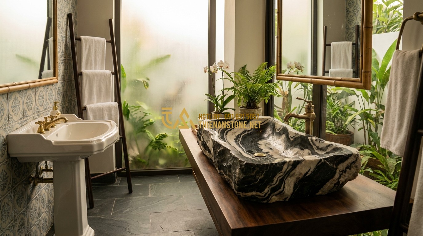 Tạo ảnh tiếng Anh: A luxury bathroom interior comparing a traditional ceramic sink with a stunning natural stone lavabo. The stone sink stands out with its organic edges and rich texture. Soft ambient lighting, high-end residential interior design photography.
