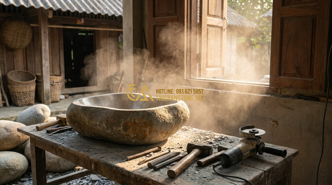 Tạo ảnh tiếng Anh: A master stone artisan in a traditional Vietnamese workshop, carefully hand-carving a large river stone to create a lavabo. Stone dust is in the air, captured in golden light. Tools like chisels and hammers are visible. Professional craftsmanship photography.