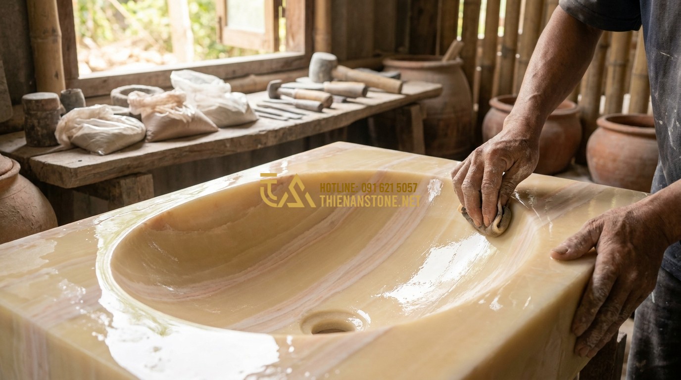 Tạo ảnh tiếng Anh: Detailed shot of the hand-polishing process of a marble lavabo. The water reflects the light, and the inner surface is becoming smooth and glossy, showcasing the beautiful natural veins. Close-up on the stone texture and artisan's hands.