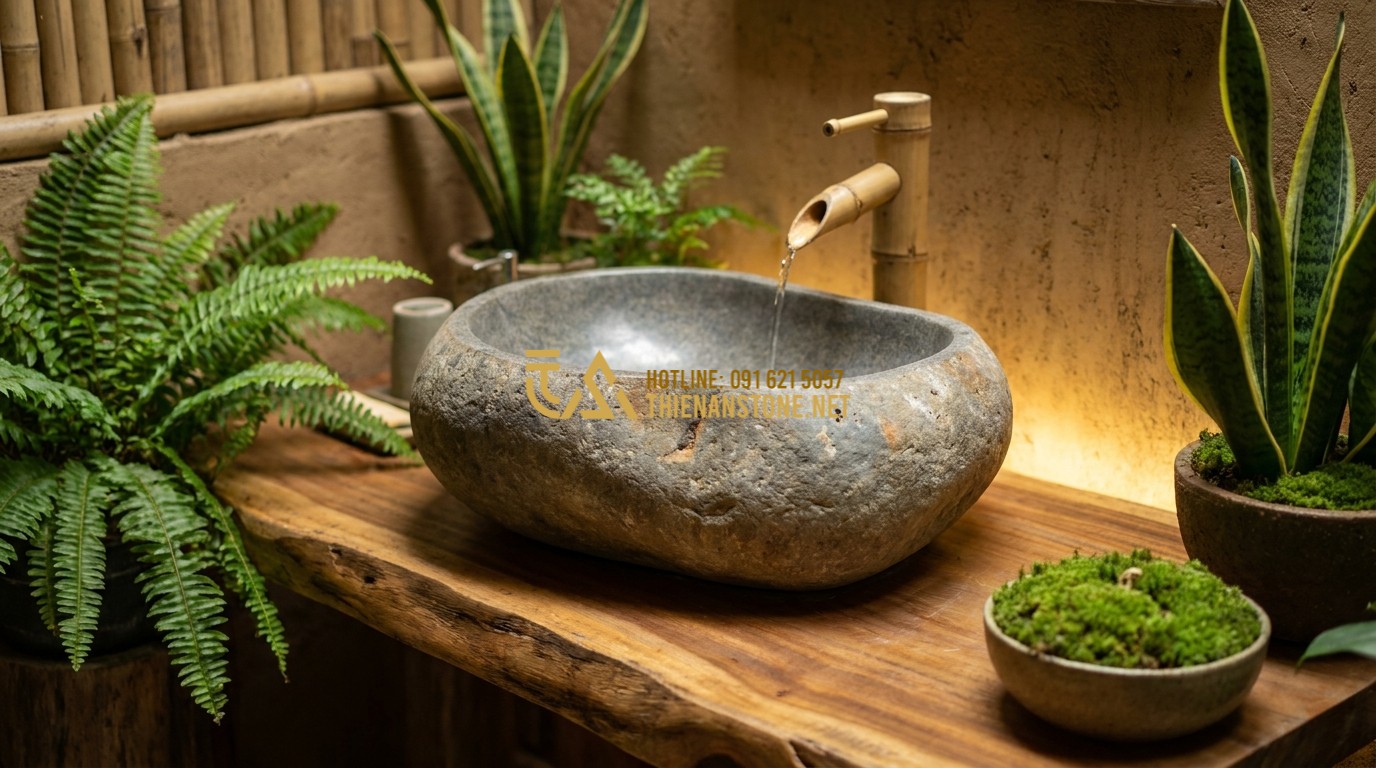 Tạo ảnh tiếng Anh: A serene and rustic bathroom setting featuring a river stone lavabo mounted on a thick wooden slab. Bamboo faucets, green plants, and soft warm lighting create a Zen-like atmosphere. High-end eco-resort style photography.