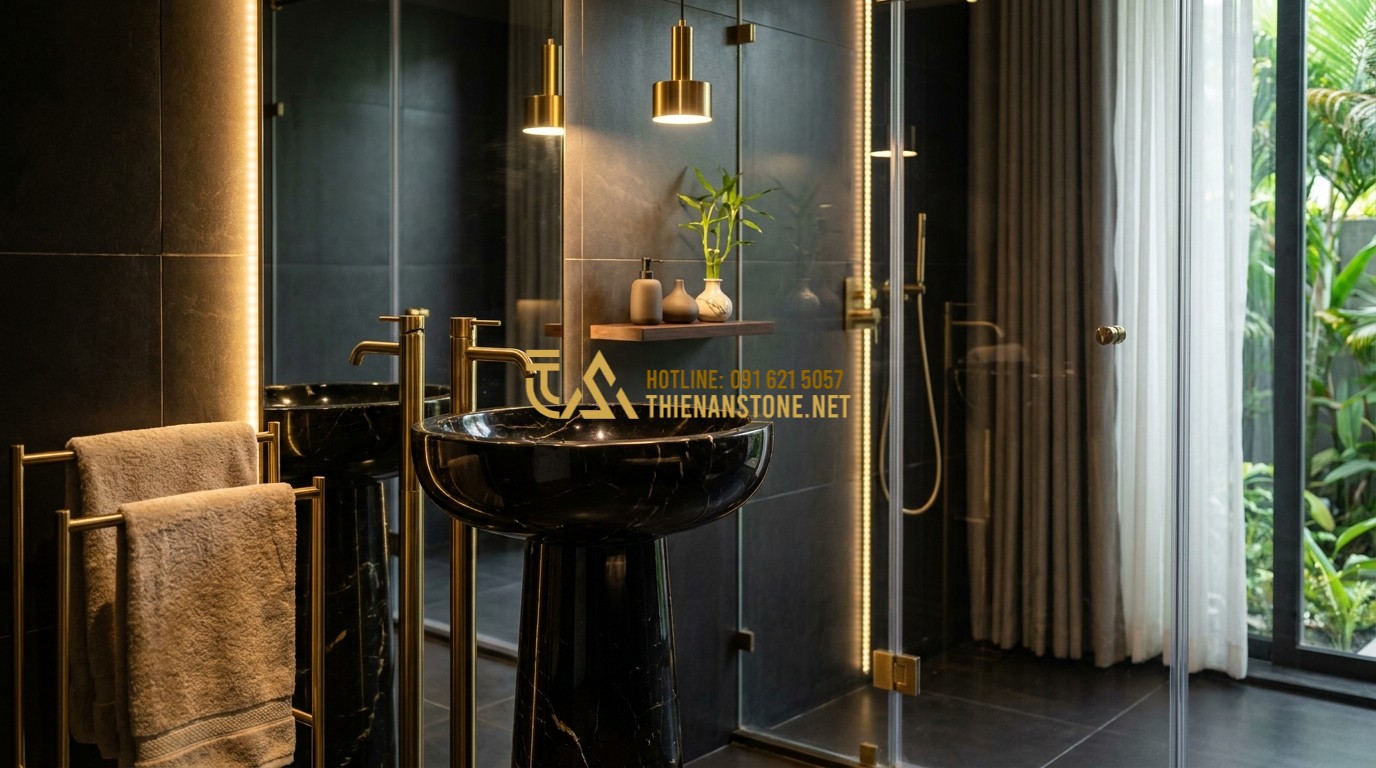 Tạo ảnh tiếng Anh: A luxurious modern bathroom with a black granite pedestal lavabo. The stone is polished to a mirror shine, reflecting the warm indoor lights. Gold-plated hardware and minimalist decor enhance the prestigious look.