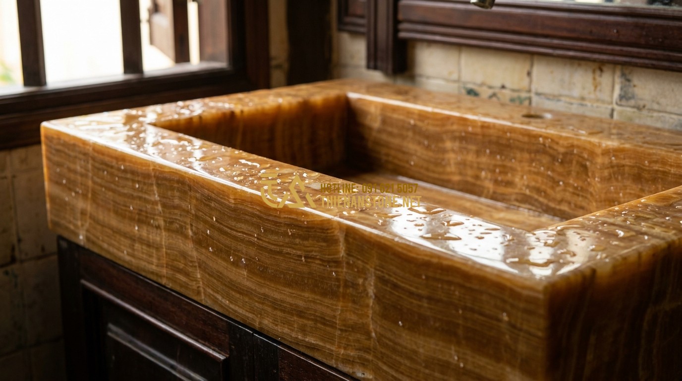 Tạo ảnh tiếng Anh: A close-up showing the durability and water-resistance of a natural stone lavabo. Water droplets bead on the polished surface, highlighting the mineral glints and the solid, timeless structure of the stone.