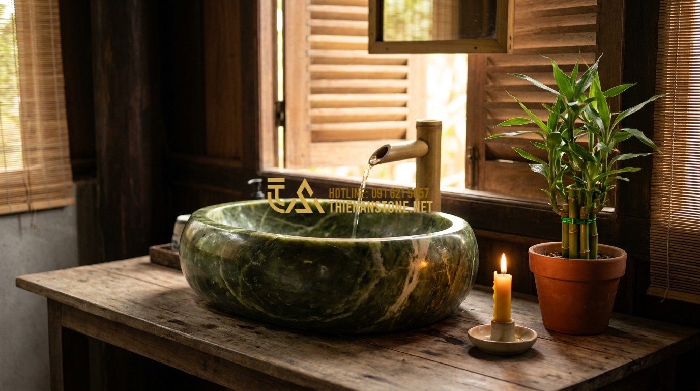 Tạo ảnh tiếng Anh: A conceptual image of the Feng Shui balance in a bathroom. A stone lavabo with flowing water, soft candlelight, and a small green plant nearby, symbolizing harmony, wealth, and spiritual peace. Warm and inviting tones.