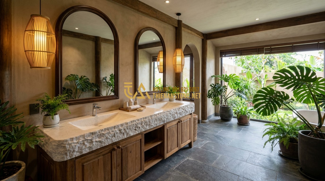Tạo ảnh tiếng Anh: A panoramic shot of a complete luxury bathroom design. A double vanity with stone sinks on reclaimed wood cabinets. Large mirrors, hanging pendant lights, and indoor green plants. High-end architectural design, sophisticated and organic.