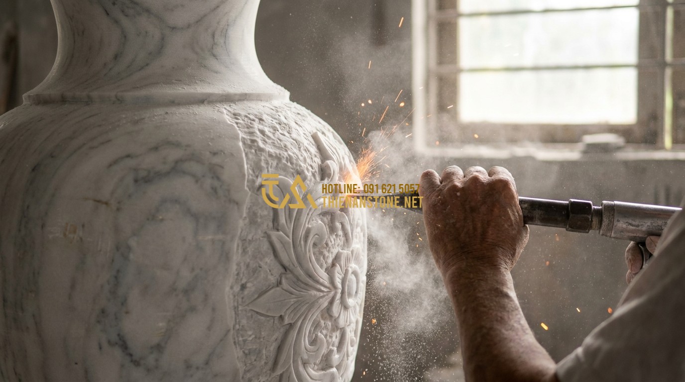 Tạo ảnh tiếng Anh: Close-up of an artist's hand carving detailed floral patterns on a massive white marble vase. Sparks and stone dust fly in the air, capturing the intensity of the craftsmanship. Soft sunlight streaming into the workshop. Macro photography style.