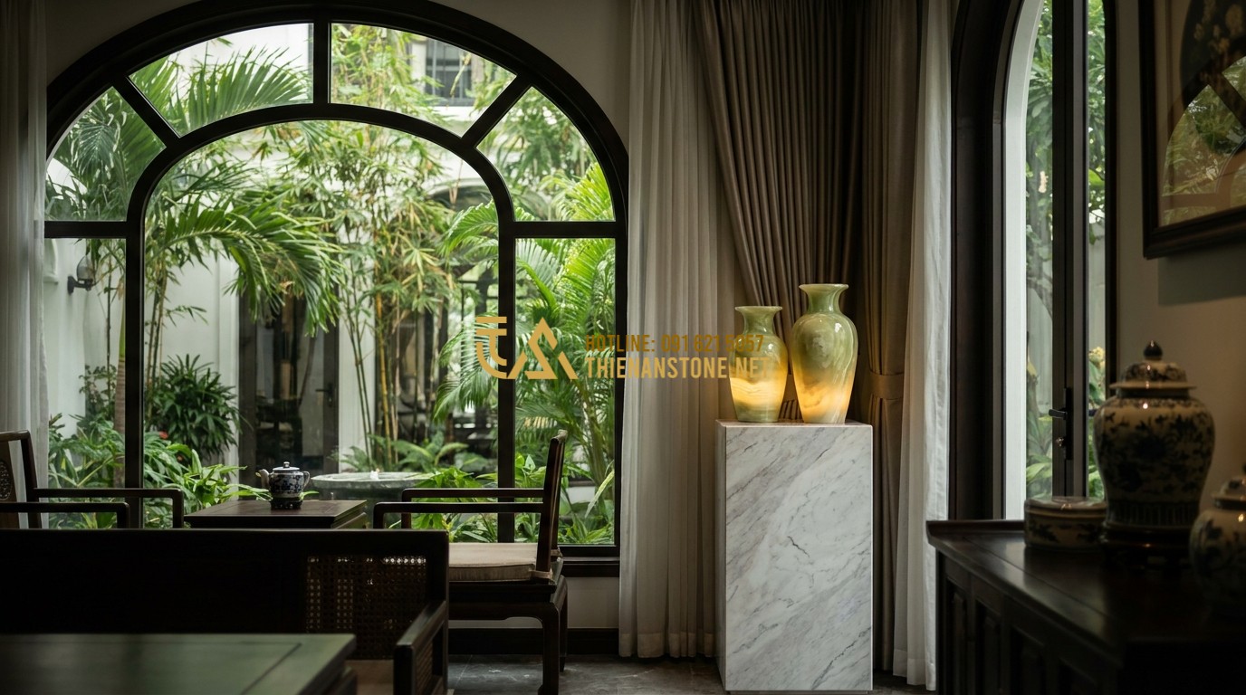 Tạo ảnh tiếng Anh: A luxury interior scene featuring a pair of green onyx vases glowing subtly with integrated light. The vases are placed on a polished stone pedestal next to a large window. Elegant and mysterious vibe, high-end decor style.