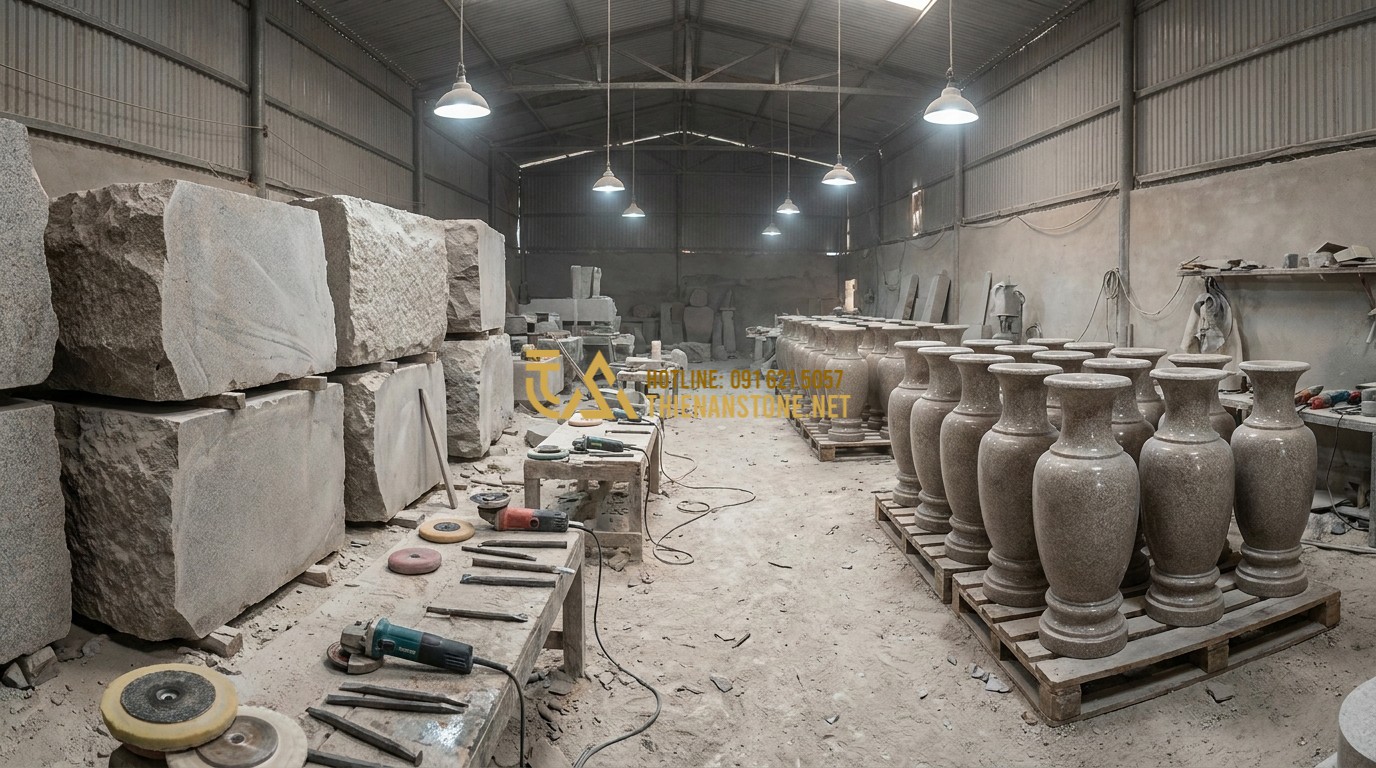 Tạo ảnh tiếng Anh: A wide-angle view of a large stone carving workshop. Huge blocks of raw stone are on one side, and finished, polished stone vases (Luc Binh Da) are on the other. Craftsmen are working with chisels and polishers under industrial light. Professional and authentic factory environment.