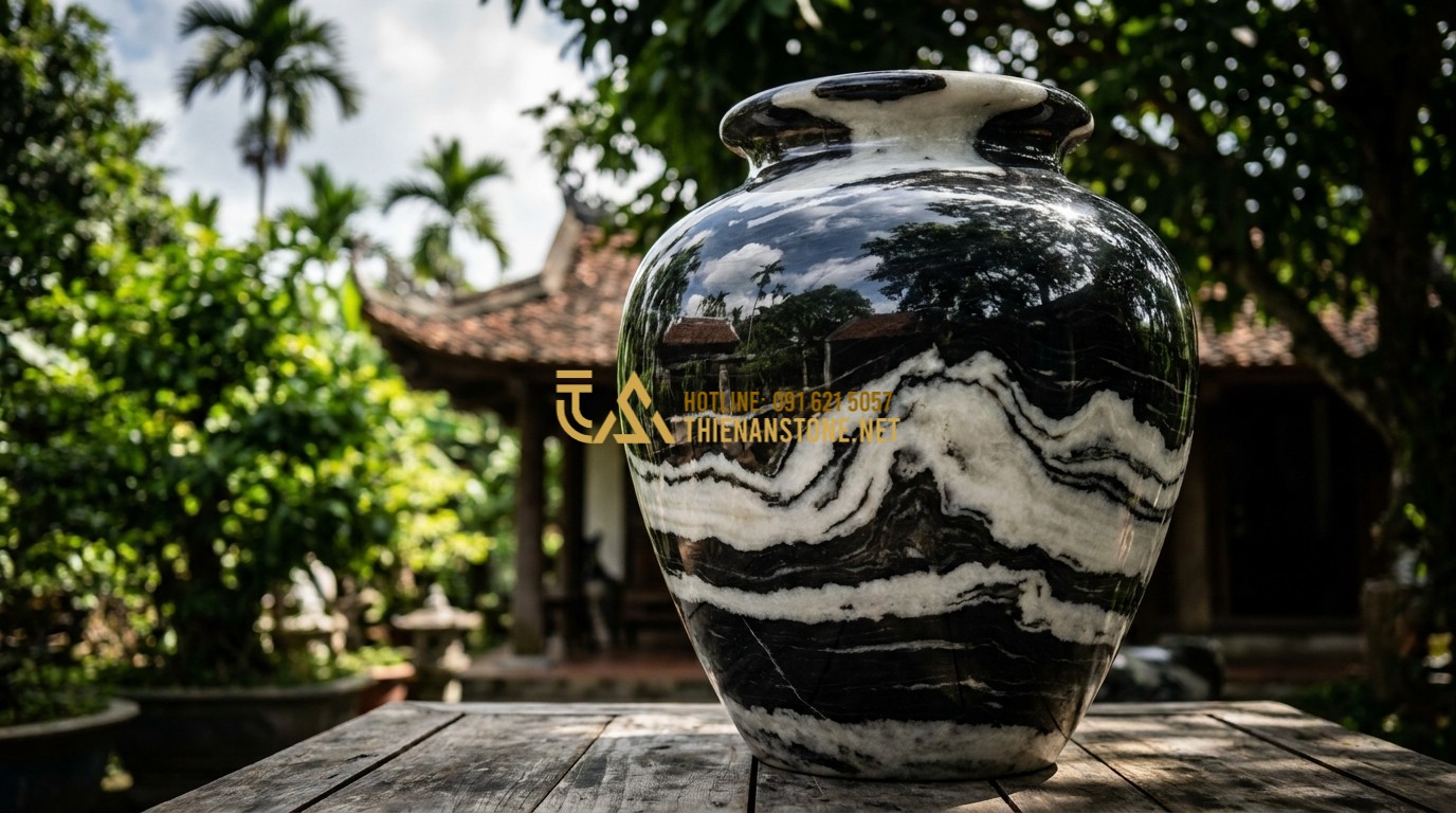 Tạo ảnh tiếng Anh: A high-contrast photo of a finished stone vase reflecting the surrounding scenery like a mirror. The polish is so high that you can see the sky and trees on the stone surface. Artistic composition, professional photography.