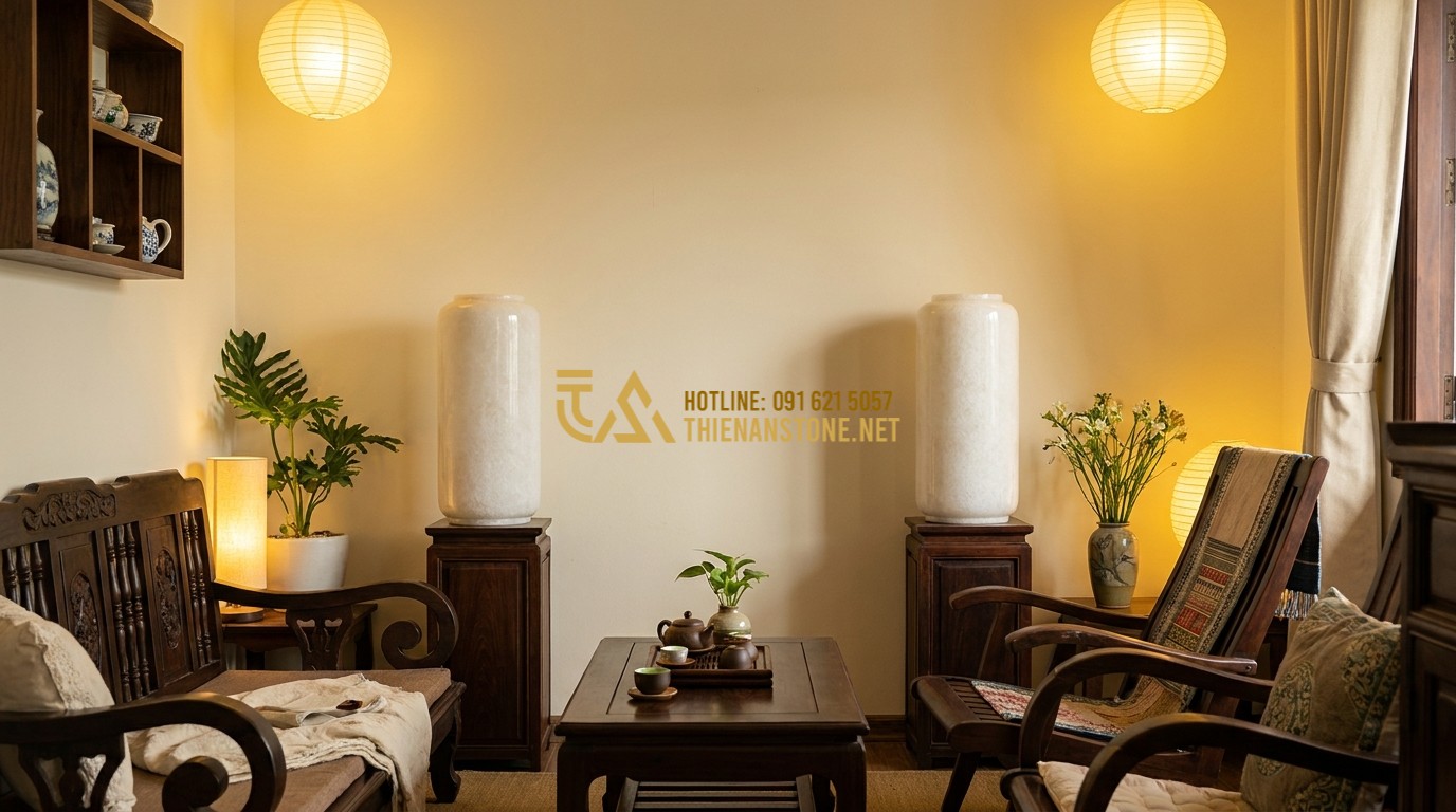 Tạo ảnh tiếng Anh: A serene living room interior showing a pair of large white marble vases placed symmetrically in a corner. Traditional Vietnamese wooden furniture, warm yellow lighting, and a peaceful atmosphere. Interior design photography.