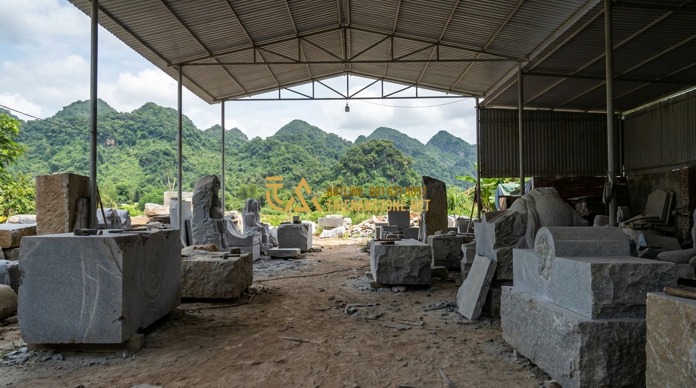 Tạo ảnh tiếng Anh: The entrance of Thien An Stone workshop in Phu Tho province. Large stone blocks and half-finished sculptures are visible under a large canopy. The scenery shows lush green mountains in the background. Authentic and professional workplace.