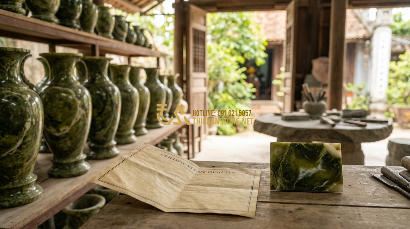 Tạo ảnh tiếng Anh: A professional business photo of a stone artisan smiling and showing a certificate of quality. Behind him are rows of finished Luc Binh Da vases ready for delivery. Trustworthy and friendly atmosphere.