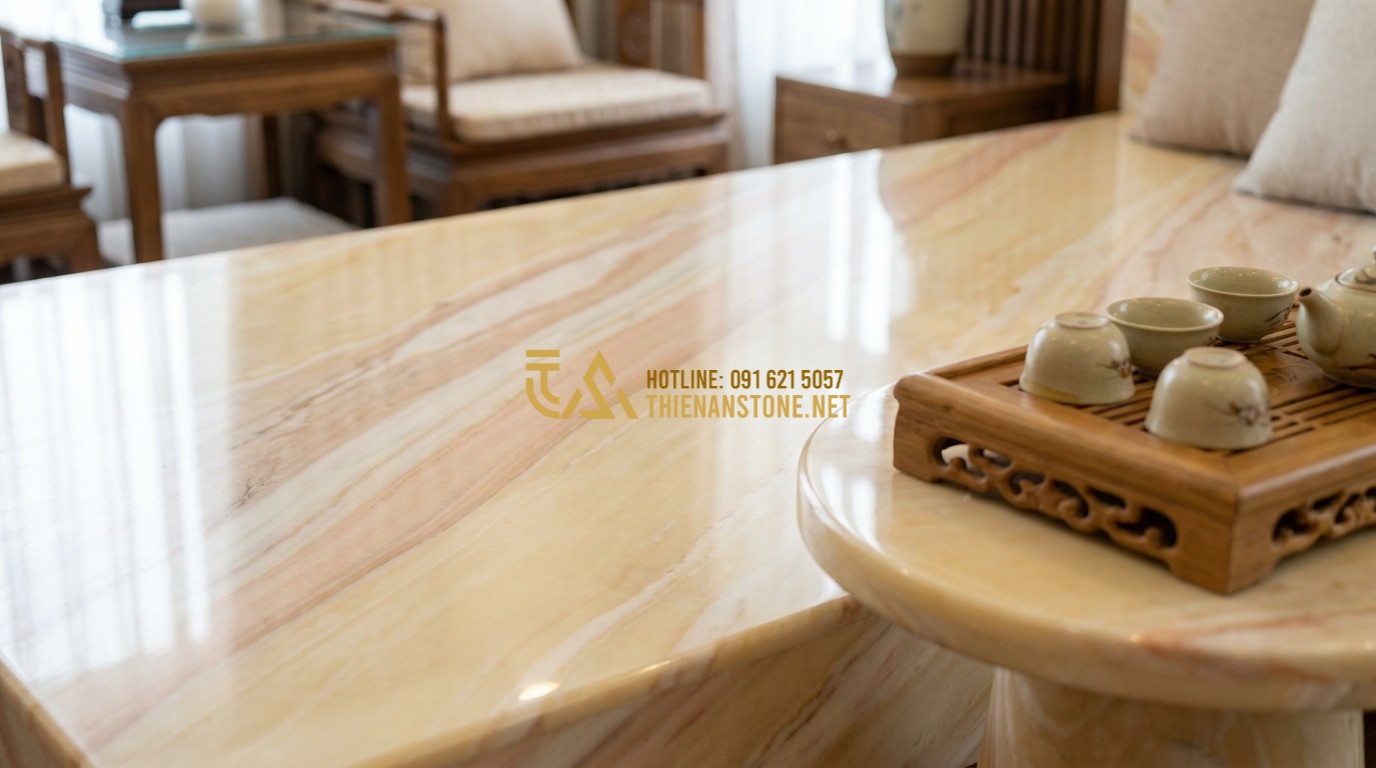 Tạo ảnh tiếng Anh: Close-up of a high-quality white marble stone bed surface showing intricate natural grey veins. Beside it is a set of tea cups on a small stone table. The finish is mirror-like and smooth. Luxury interior design concept, macro shot of stone texture, professional lighting.