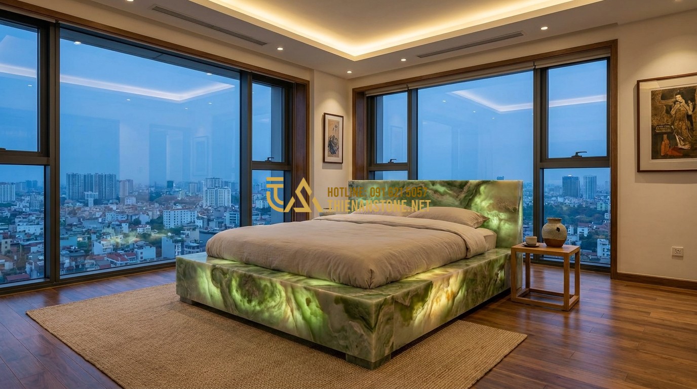 Tạo ảnh tiếng Anh: An exquisite translucent green jade stone bed glowing under soft indoor lighting. The stone features organic patterns of light and dark green. It is placed in a luxury penthouse with floor-to-ceiling windows. High-end lifestyle, gemstone furniture, 8k resolution, cinematic atmosphere.