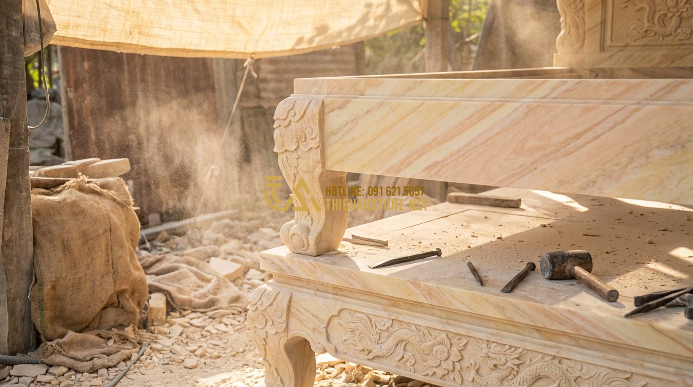 Tạo ảnh tiếng Anh: Skilled Vietnamese stone artisans carving traditional motifs on the legs of a large stone bed at Thien An workshop. Stone dust is in the air, captured in golden light. Tools like chisels and hammers are visible. Authentic craftsmanship, heritage, intense focus, professional photography.