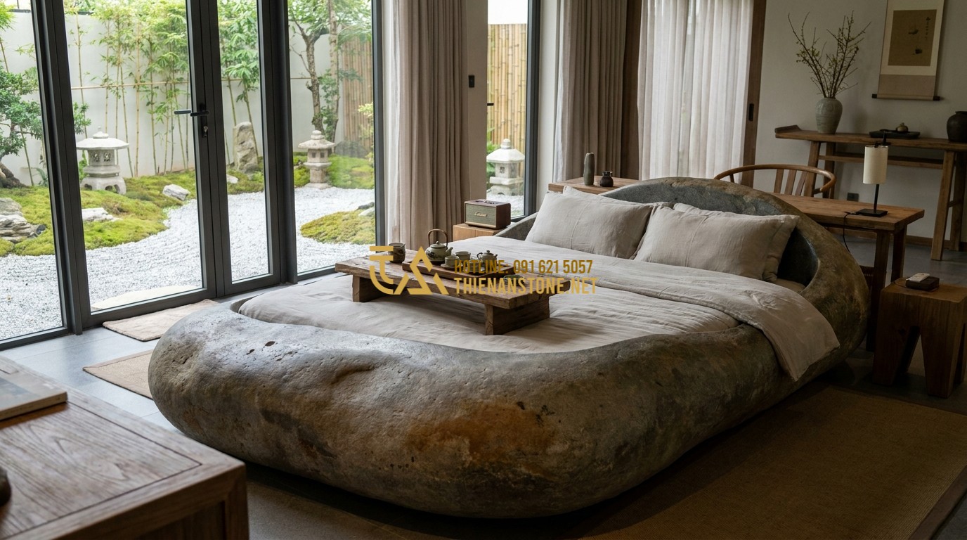 Tạo ảnh tiếng Anh: A luxurious living room interior featuring a dark granite stone bed as a center piece. A low wooden table with a tea set sits on top. Large windows overlook a zen garden. The interior blends modern minimalism with traditional Vietnamese stone furniture. Architectural interior photography.
