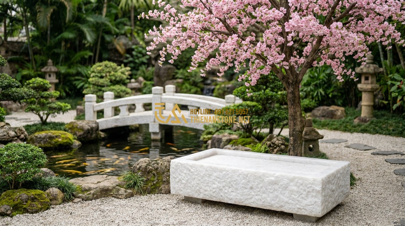 Tạo ảnh tiếng Anh: A serene outdoor stone bed placed under a flowering cherry tree in a traditional Vietnamese garden. In the background, there is a small stone bridge and a koi pond. The atmosphere is peaceful and contemplative. Zen garden design, high-quality landscape photography.