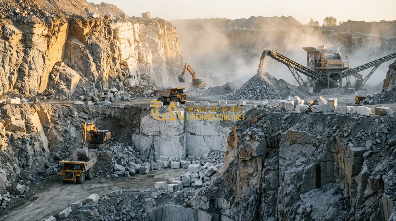 Tạo ảnh tiếng Anh: A professional photograph of a massive natural stone quarry where raw granite and limestone blocks are being processed. The morning light hits the rugged textures of the grey and white stones. In the background, a large industrial crushing machine is visible, showing the first step of creating tumbled pebbles. High detail, 8k resolution, cinematic lighting.