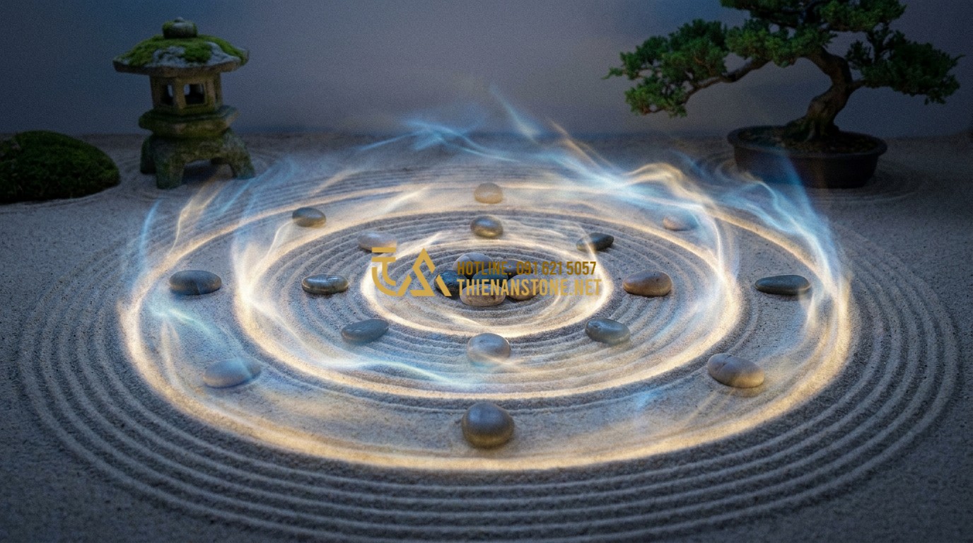 Tạo ảnh tiếng Anh: A conceptual image of a Zen garden with a circular pattern raked into sand, with smooth tumbled pebbles placed strategically at the centers of concentric circles. The lighting is mystical and calm, symbolizing the flow of energy (Qi) and spiritual balance in Feng Shui.