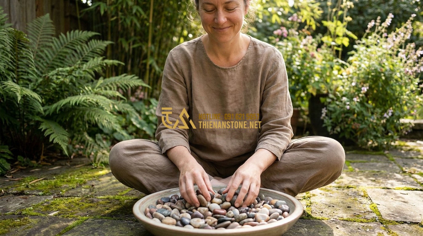 Tạo ảnh tiếng Anh: A person sitting cross-legged in a peaceful garden, running their hands through a pile of smooth tumbled pebbles. The background is blurred with soft green plants. The expression is one of peace and mindfulness. Artistic photography, focusing on the connection between humans and nature.