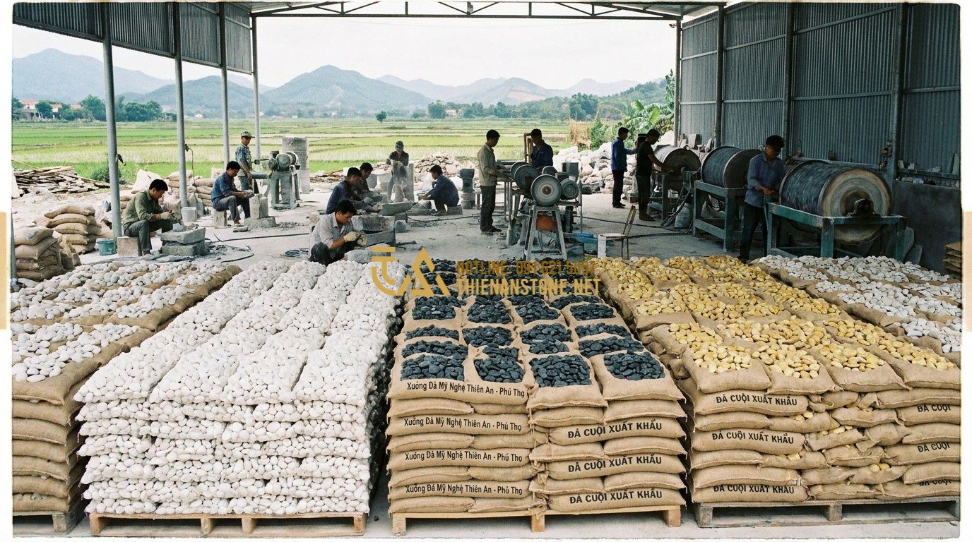 Tạo ảnh tiếng Anh: A wide panoramic shot of the Thien An Stone workshop (Xưởng Đá Mỹ Nghệ Thiên An) in Phu Tho province. Neatly organized bags of white, black, and yellow tumbled pebbles are ready for shipping. Artisans are seen working in the background with traditional tools and modern machinery. Professional and grand industrial atmosphere.