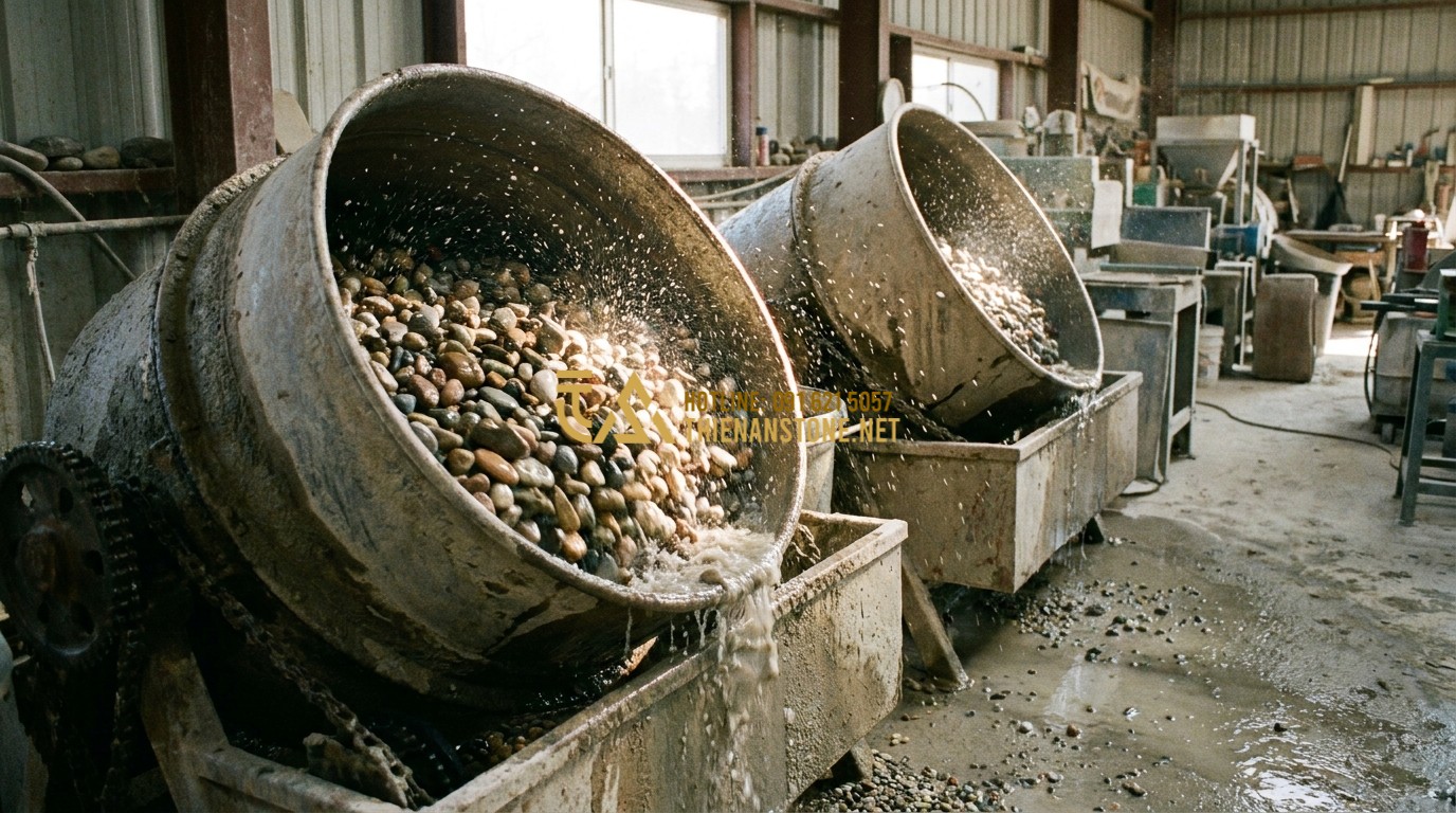 Tạo ảnh tiếng Anh: Close-up of large industrial tumbling drums in a stone workshop. Water and smooth stones are mixing inside. The sunlight creates a glimmer on the wet surfaces of the rotating pebbles. Fine stone dust and water droplets are captured in motion, emphasizing the professional manufacturing process of tumbled stones.
