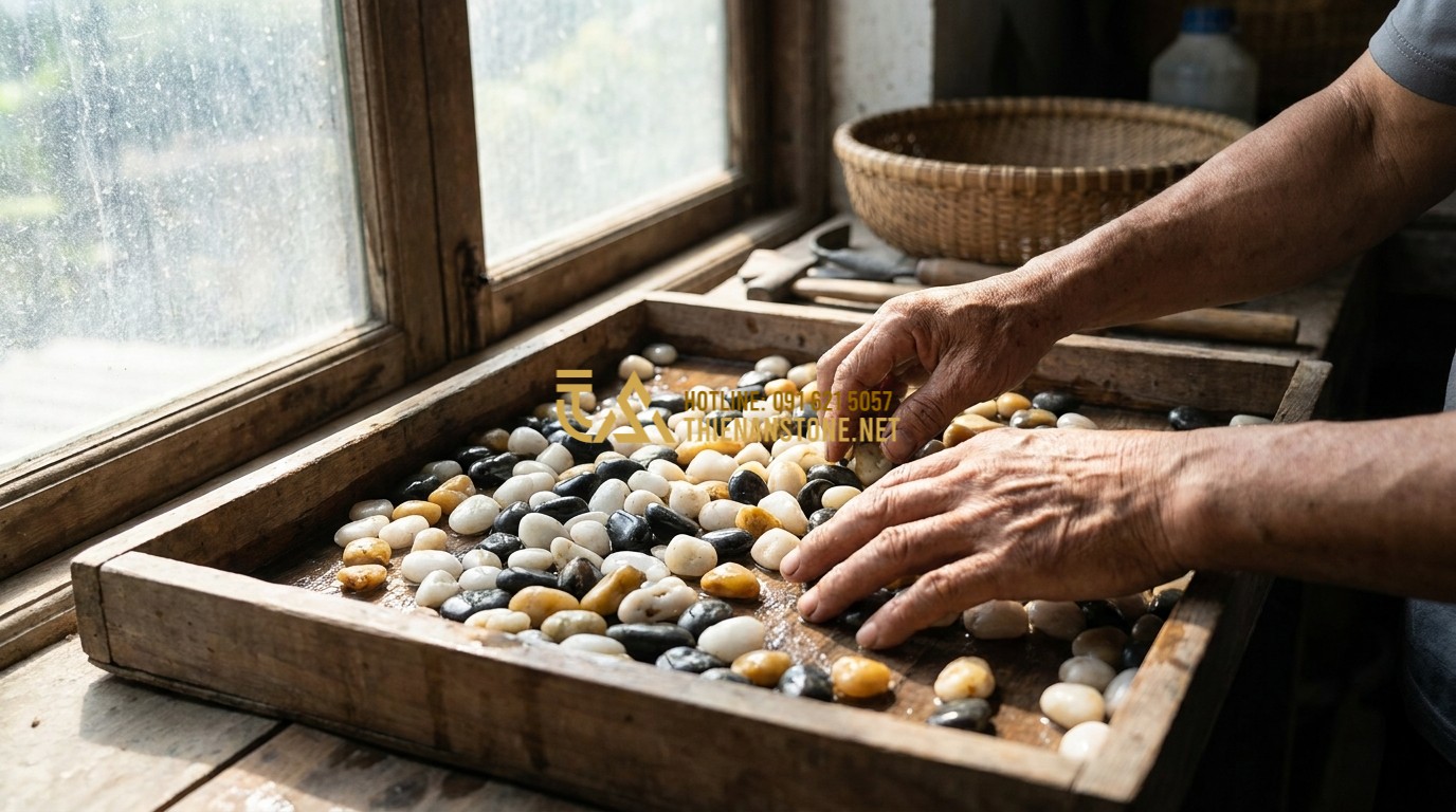 Tạo ảnh tiếng Anh: A Vietnamese artisan's hands carefully sorting a pile of smooth, multicolored tumbled pebbles on a wooden workbench. The pebbles are in shades of white, black, and yellow. Natural light from a window illuminates the scene, focusing on the texture and the human element of quality control in stone production.