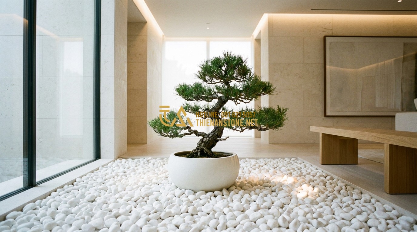 Tạo ảnh tiếng Anh: A minimalist indoor garden feature with pure white tumbled pebbles laid around a small green bonsai tree in a ceramic pot. The white stones reflect the soft ambient light, creating a serene and clean aesthetic. High-end interior design style, minimalist and peaceful.