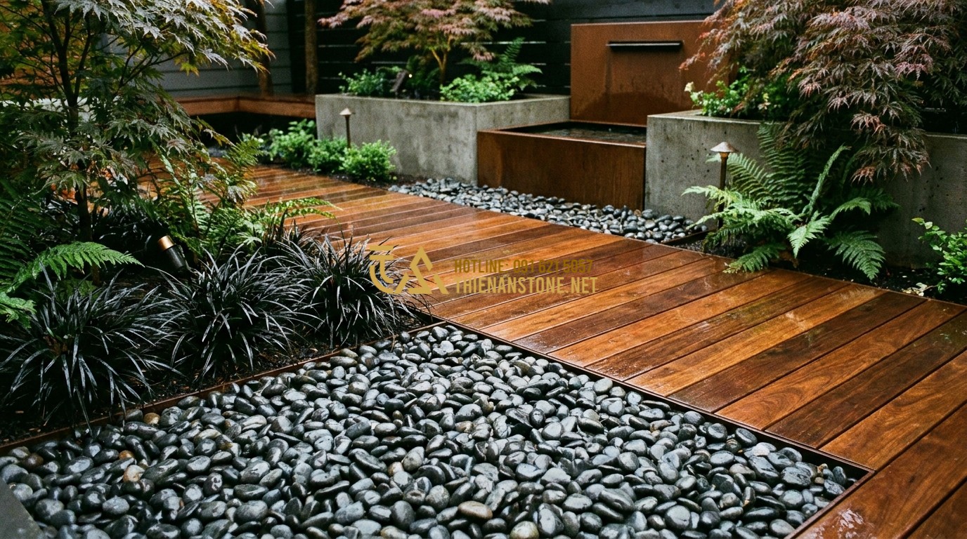 Tạo ảnh tiếng Anh: A high-end outdoor landscape featuring dark grey and black tumbled pebbles wet from the rain. The stones are arranged neatly next to a wooden deck. The contrast between the dark wet stones and the warm wood tone is striking. Professional garden photography, modern and moody.