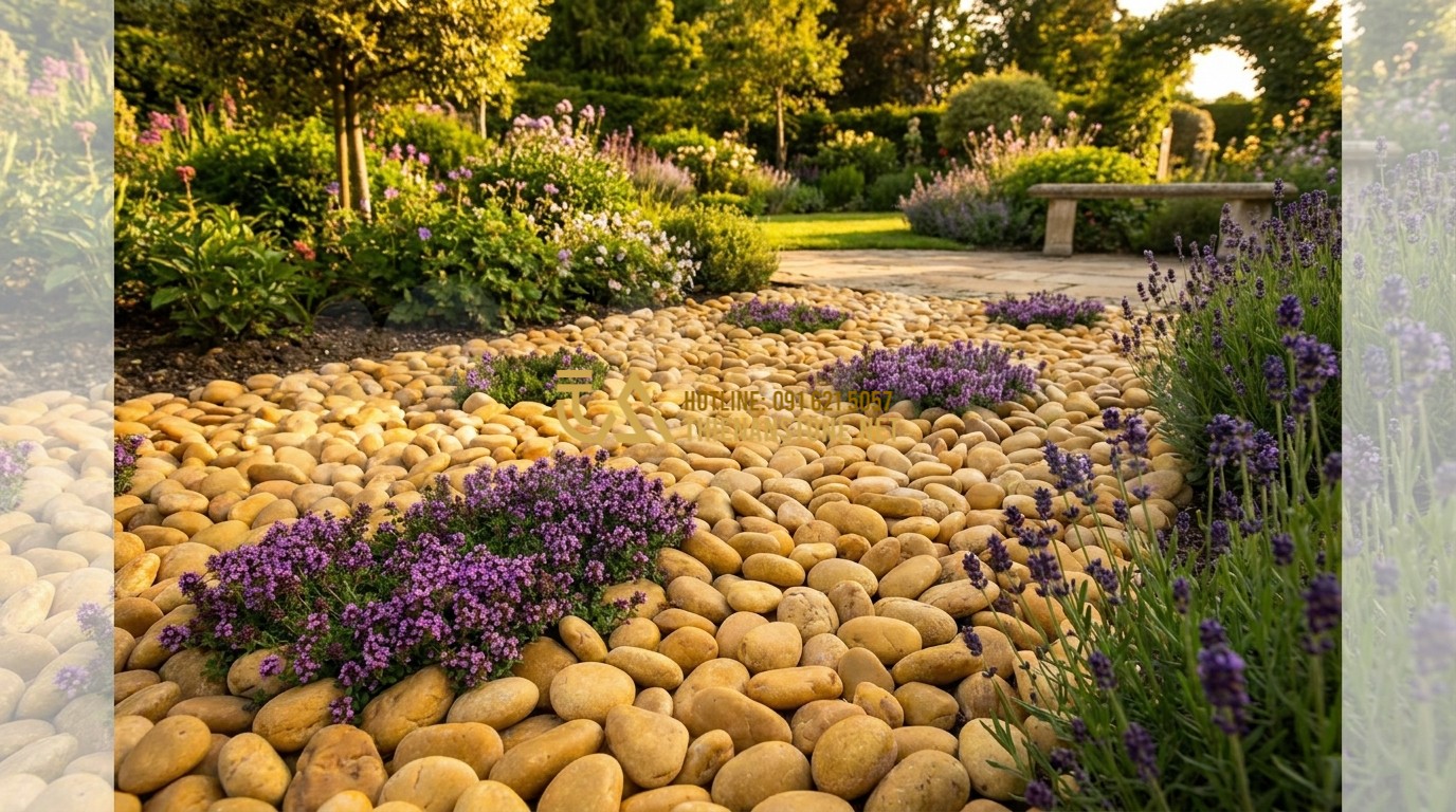 Tạo ảnh tiếng Anh: A sun-drenched garden pathway lined with golden yellow tumbled pebbles. The stones have a warm, earthy glow in the afternoon sun. Small purple flowers peek through the stones. The atmosphere is inviting, warm, and prosperous, high-quality landscape design.