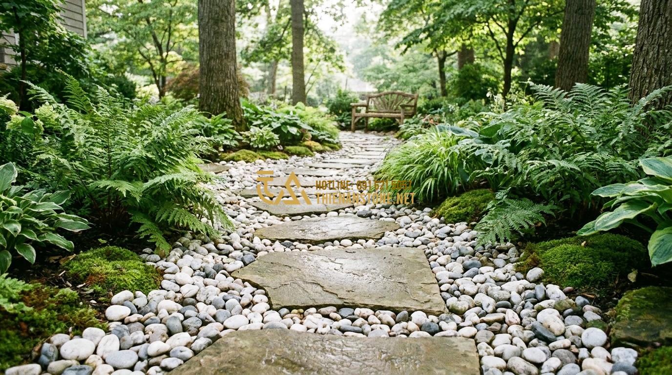 Tạo ảnh tiếng Anh: A beautiful garden path made of stepping stones surrounded by a mix of white and grey tumbled pebbles. Lush green ferns and hostas line the path. The lighting is soft and natural, emphasizing the texture of the pebbles and the organic feel of the landscape. Professional garden design.