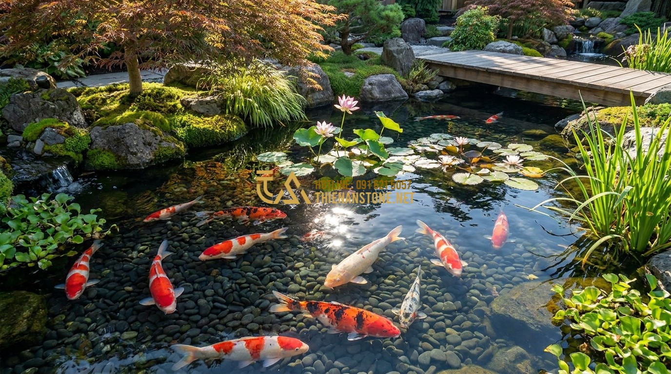 Tạo ảnh tiếng Anh: A clear koi pond with colorful fish swimming over a bed of smooth black tumbled pebbles. The water is crystal clear, reflecting the sunlight. Plants like lotus and water lilies are visible. The scene is tranquil and reflects professional aquarium and landscape design.