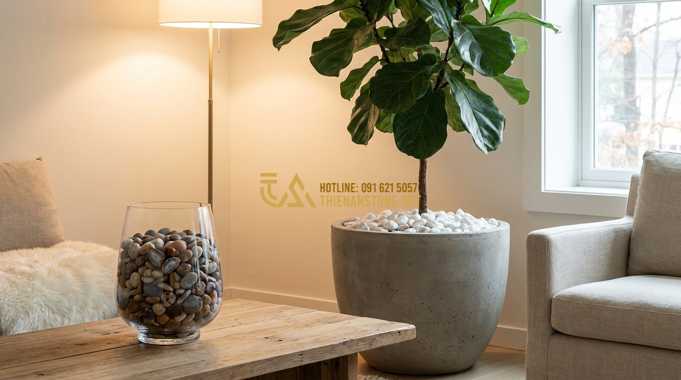 Tạo ảnh tiếng Anh: Modern interior decoration showing a large potted plant with a thick layer of white tumbled stones covering the soil. Beside it, a clear glass vase filled with multicolored pebbles sits on a minimalist wooden table. Soft indoor lighting, professional interior photography, clean and elegant style.