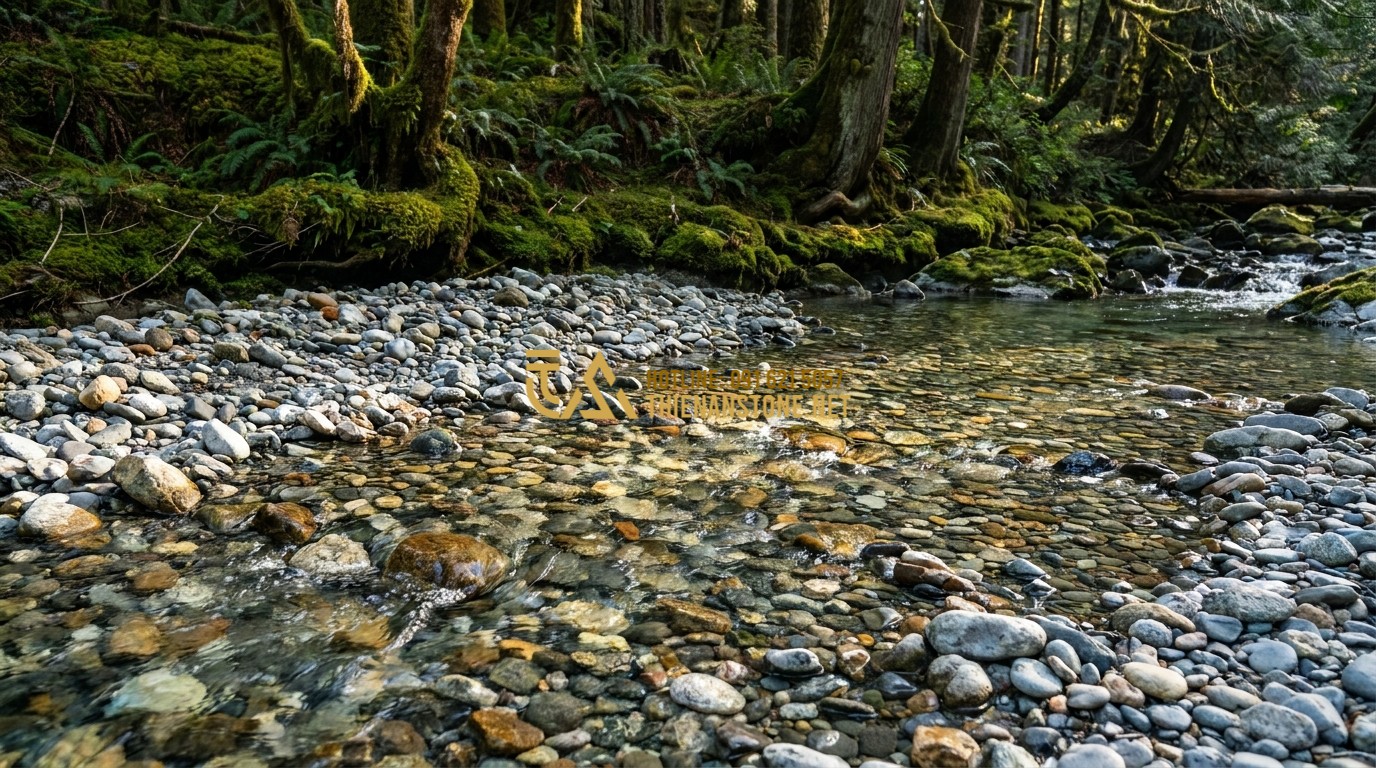 Tạo ảnh tiếng Anh: A high-quality professional photograph of a natural mountain stream with crystal clear water flowing over thousands of smooth, colorful pebbles. The sunlight glints off the wet stones, showing shades of grey, white, and earthy brown. In the background, lush green moss and ferns surround the water. Cinematic lighting, 8k resolution, nature photography style.