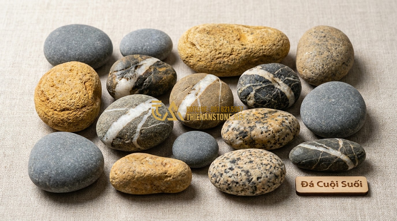 Tạo ảnh tiếng Anh: Close-up of various natural river pebbles (Đá Cuội Suối) arranged neatly. The stones show different textures, from smooth grey to rough yellow-brown. Some pebbles have natural stripes and mineral veins. Soft lighting emphasizes their organic shapes and earthy colors. Professional studio lighting on a neutral background.