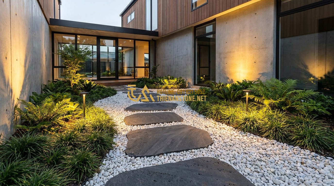 Tạo ảnh tiếng Anh: A modern residential courtyard with a winding garden path made of dark grey stepping stones surrounded by white decorative pebbles. Small green plants and warm garden spotlights illuminate the path at dusk. The contrast between the white stones and dark path creates a sophisticated architectural look.