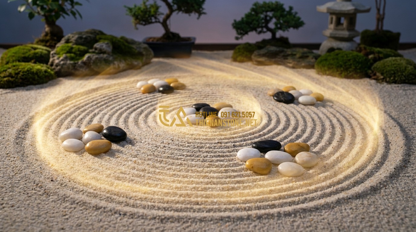 Tạo ảnh tiếng Anh: A conceptual image of a Zen garden with a circular pattern raked into sand, featuring carefully placed decorative pebbles in white, black, and yellow. A soft, warm glow surrounds the stones, symbolizing positive energy (Qi) flow and Feng Shui balance. Peaceful and spiritual atmosphere.