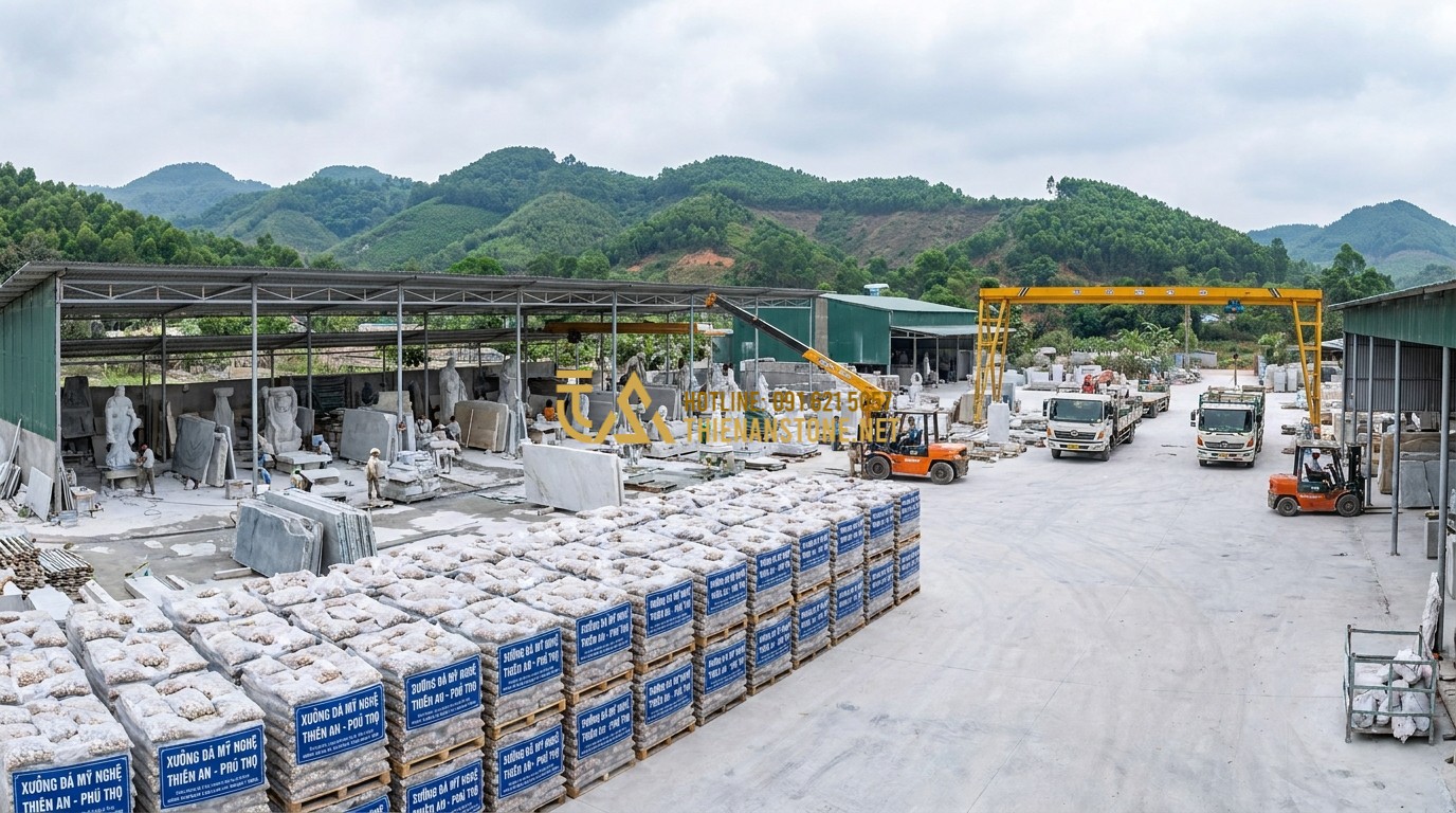Tạo ảnh tiếng Anh: A wide panoramic shot of the Thien An Stone workshop (Xưởng Đá Mỹ Nghệ Thiên An) in Phu Tho province. Artisans are seen working with various natural stones, and large pallets of neatly bagged decorative pebbles are ready for shipping. The background shows the lush hills of the ancestral land. Professional and grand industrial atmosphere.