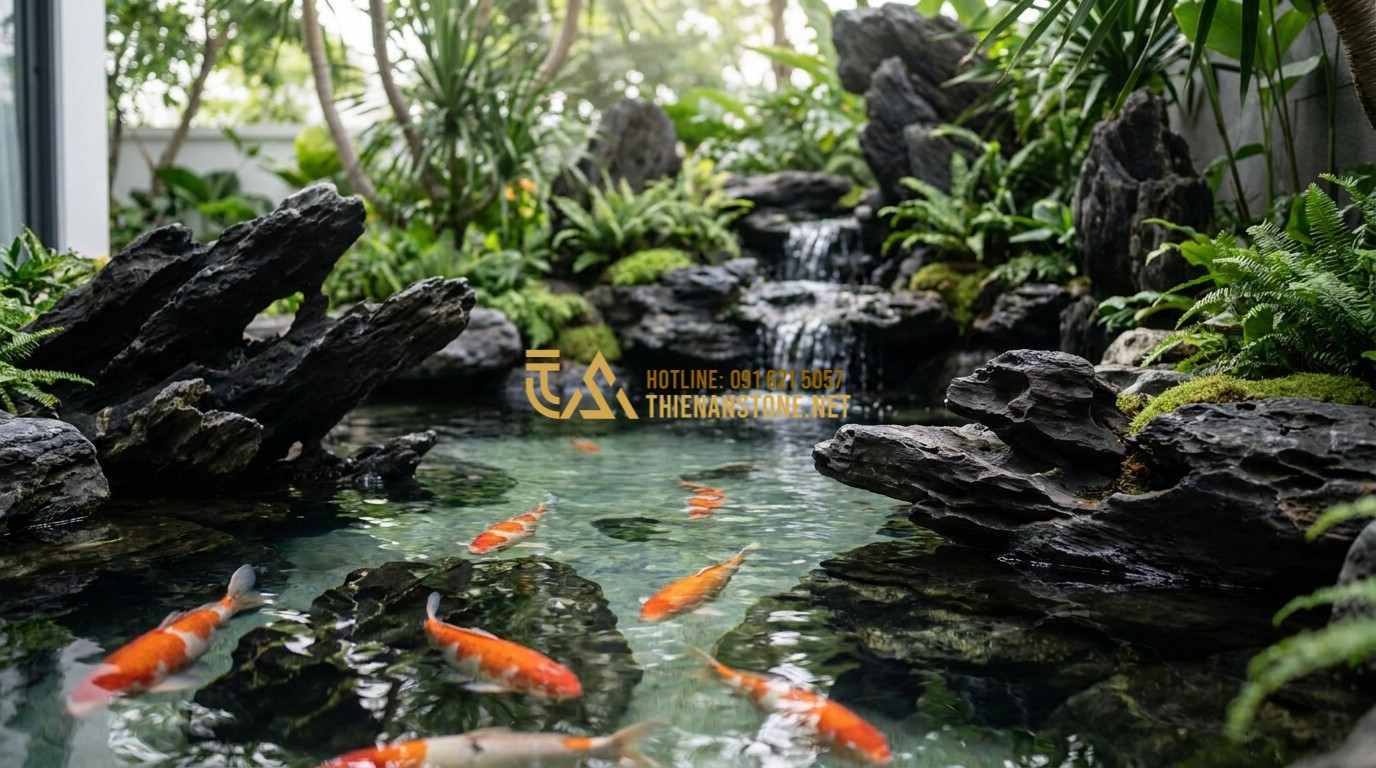 Tạo ảnh tiếng Anh: A high-end outdoor Koi pond with crystal clear water, vibrant orange and white Koi fish swimming, surrounded by natural rocks, lush green plants, and a small waterfall, professional architectural photography style, serene atmosphere.