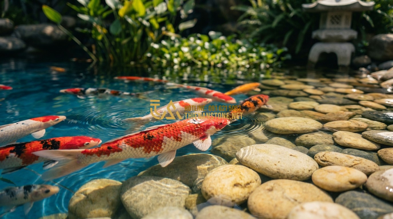 Tạo ảnh tiếng Anh: Close-up of colorful Koi fish in a pond with clear blue water, focus on the texture of the fish scales and the ripples of water, cinematic lighting, professional photography.